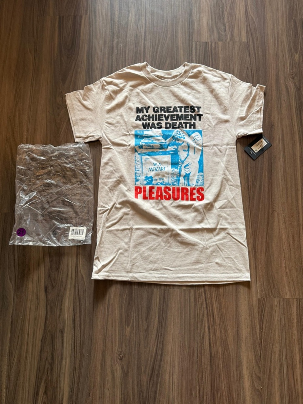 Pleasures Graphic Tee in Silver with Blue & Red Print